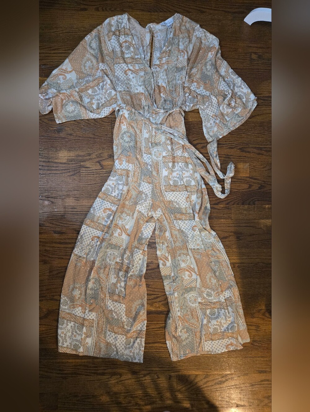Paisley Printed Wide-Leg Jumpsuit in Beige